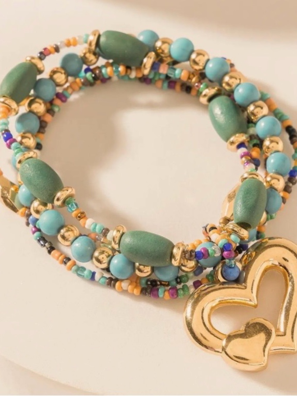 Beaded Turquoise & Gold Heart Charm Bracelet